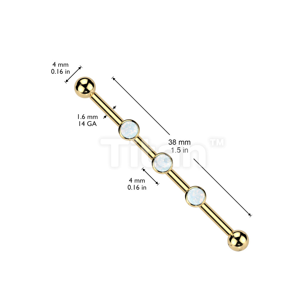 Implant Grade Titanium Internally Threaded Industrial Barbell With Three Titanium Flat Bezel Set Crystal or Opal Top on Threaded Bar - Image 6