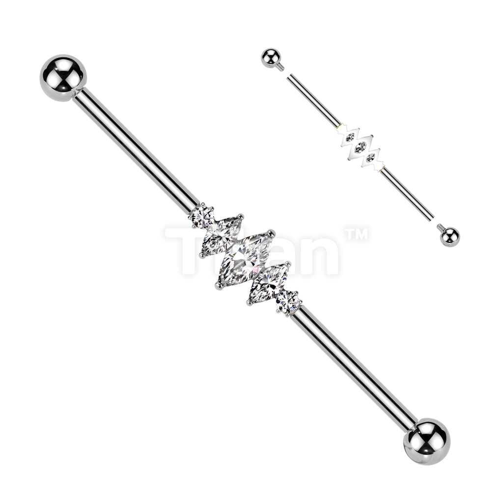 Implant Grade Titanium Internally Threaded 3 Marquise CZ Center and 2 Round CZ Industrial Barbell  - Image 2