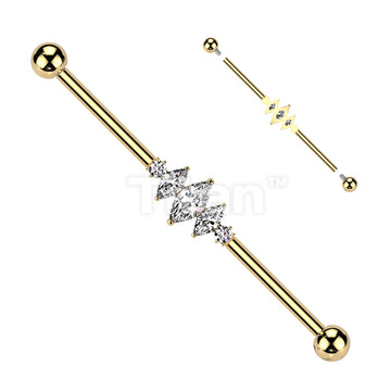 Implant Grade Titanium Internally Threaded 3 Marquise CZ Center and 2 Round CZ Industrial Barbell  - Image 3