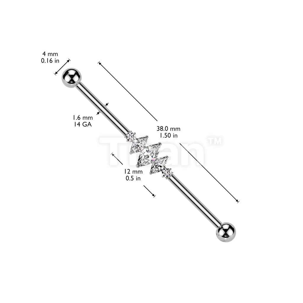 Implant Grade Titanium Internally Threaded 3 Marquise CZ Center and 2 Round CZ Industrial Barbell  - Image 4