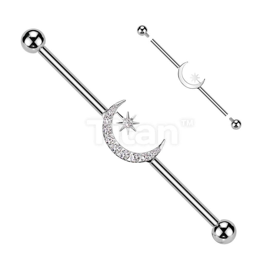 Implant Grade Titanium Internally Threaded Industrial Barbell With CNC Set CZ Crescent Moon and CZ Star - Image 2