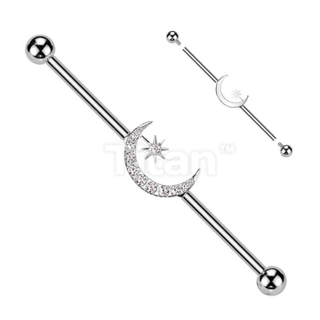 Implant Grade Titanium Internally Threaded Industrial Barbell With CNC Set CZ Crescent Moon and CZ Star - Image 2