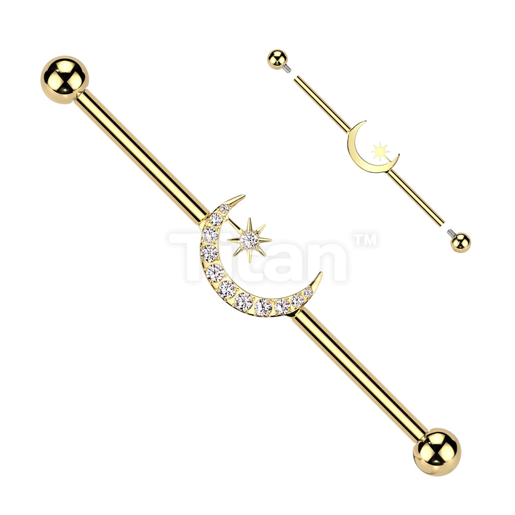 Implant Grade Titanium Internally Threaded Industrial Barbell With CNC Set CZ Crescent Moon and CZ Star - Image 3