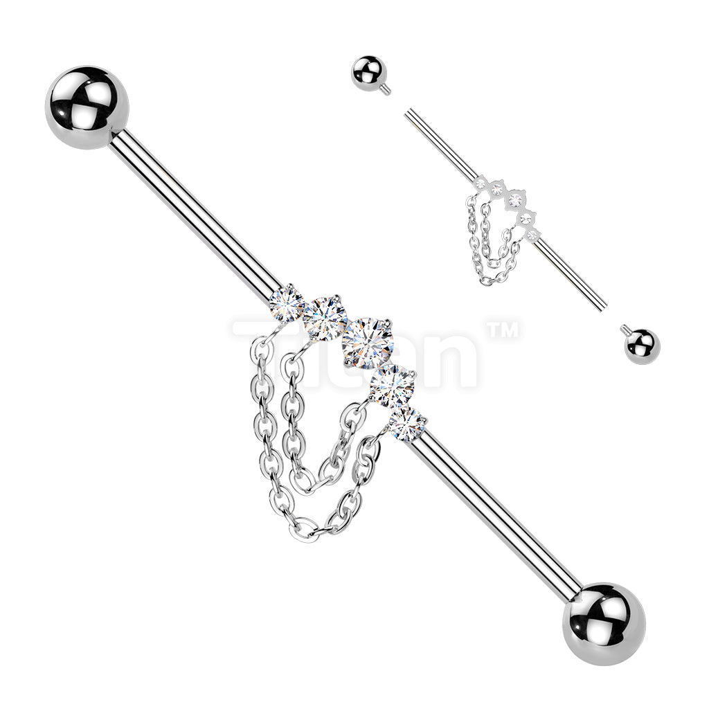 Titanium Internally Threaded 5 CZ With Double Chain Industrial Barbell - Image 2