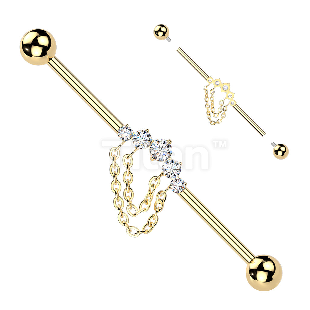 Titanium Internally Threaded 5 CZ With Double Chain Industrial Barbell - Image 3