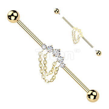 Titanium Internally Threaded 5 CZ With Double Chain Industrial Barbell - Image 3