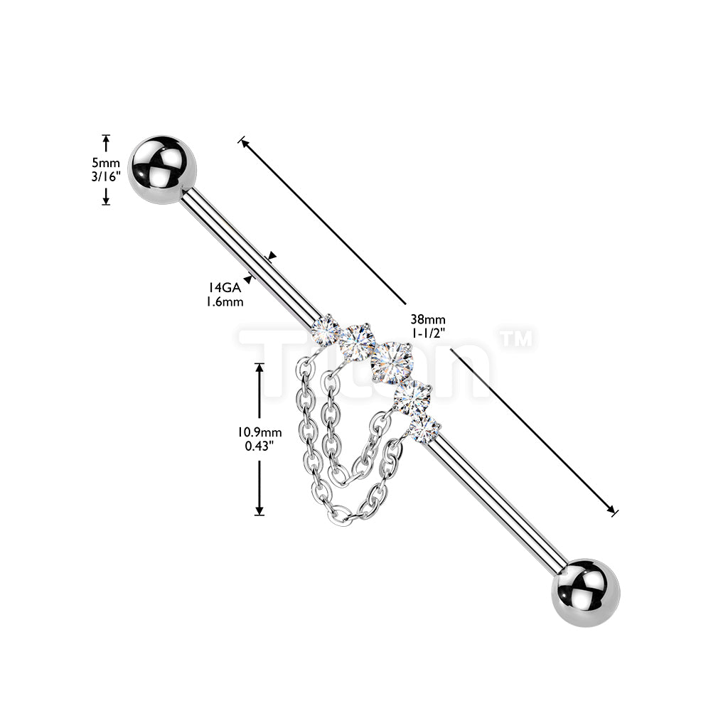 Titanium Internally Threaded 5 CZ With Double Chain Industrial Barbell - Image 4