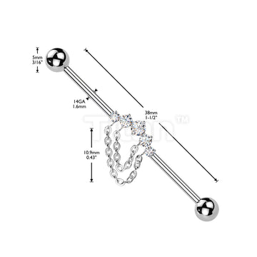 Titanium Internally Threaded 5 CZ With Double Chain Industrial Barbell - Image 4