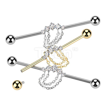 Titanium Internally Threaded 5 CZ With Double Chain Industrial Barbell