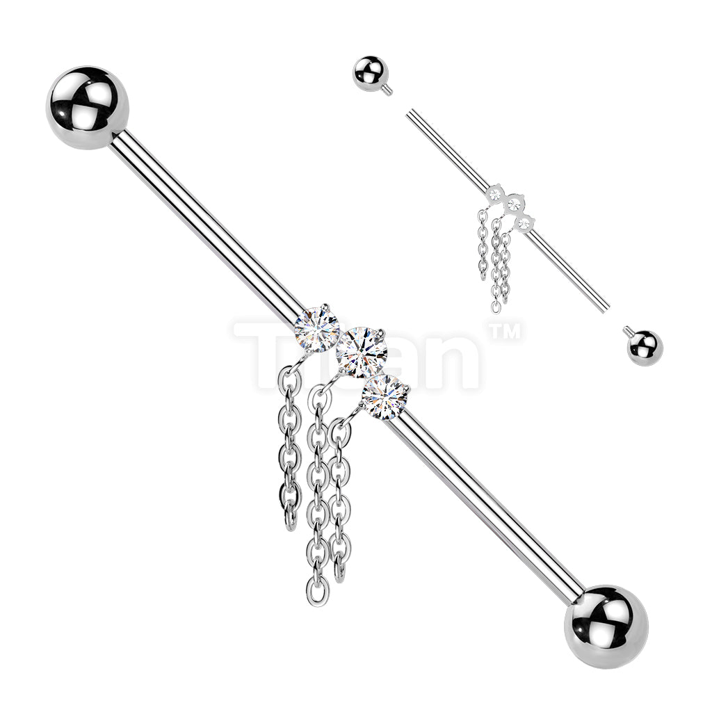 Titanium Internally Threaded 3 CZ With Triple Chain Dangle Industrial Barbell - Image 2