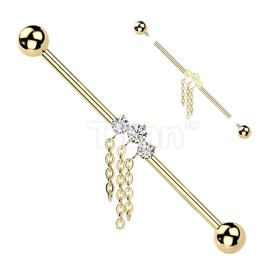 Titanium Internally Threaded 3 CZ With Triple Chain Dangle Industrial Barbell - Image 3