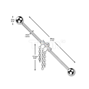 Titanium Internally Threaded 3 CZ With Triple Chain Dangle Industrial Barbell - Image 4
