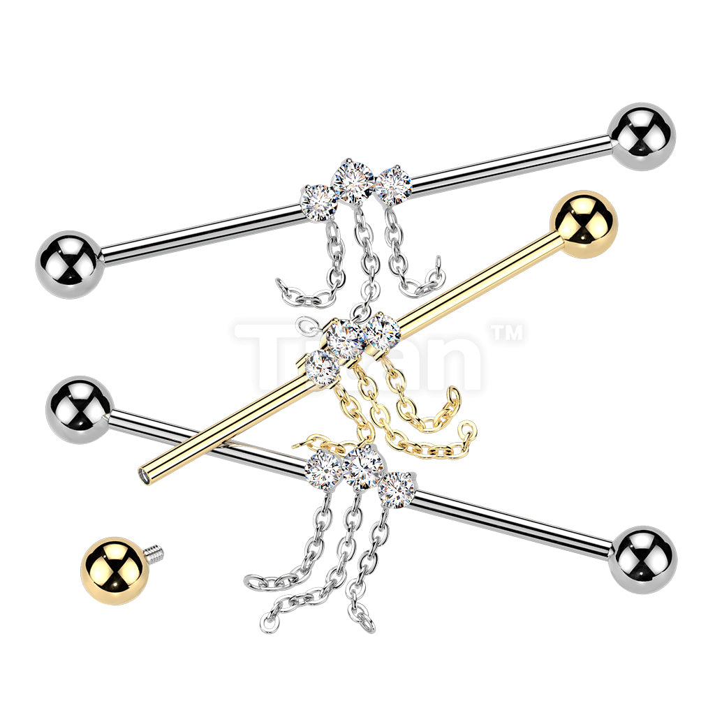 Titanium Internally Threaded 3 CZ With Triple Chain Dangle Industrial Barbell