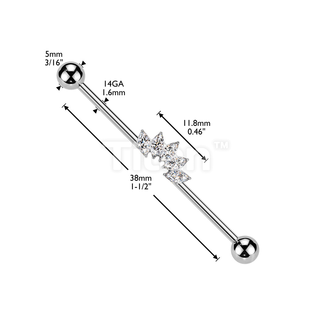 Titanium Internally Threaded 5 Marquise CZ Fan Industrial Barbell  - Image 4