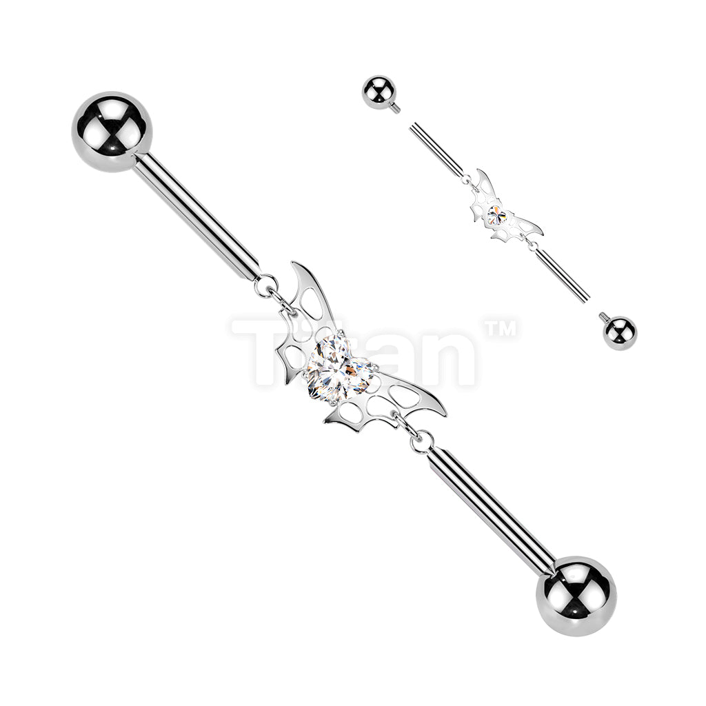 Titanium Internally Threaded Bat Wings With CZ Heart Center Chain Industrial Barbell - Image 2