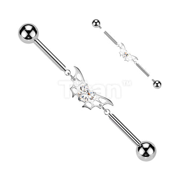 Titanium Internally Threaded Bat Wings With CZ Heart Center Chain Industrial Barbell - Image 2