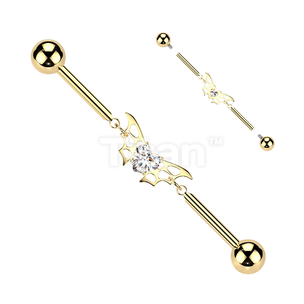 Titanium Internally Threaded Bat Wings With CZ Heart Center Chain Industrial Barbell - Image 3