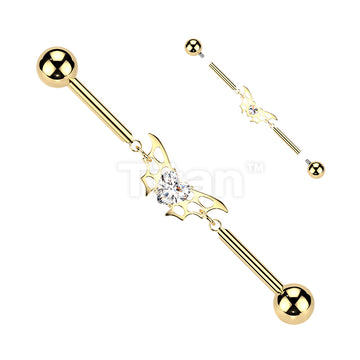 Titanium Internally Threaded Bat Wings With CZ Heart Center Chain Industrial Barbell - Image 3