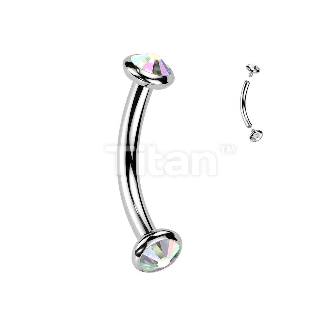 Implant Grade Titanium Internally Threaded Curved Barbell With Flat Bezel Set Crystal or Opal Ends - Image 2
