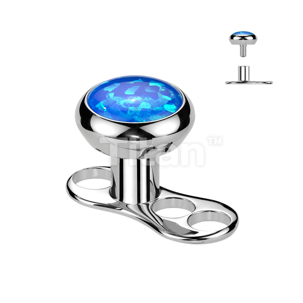 Implant Grade Titanium Internally Threaded 3 Hole Dermal Anchor With 2mm Rise and Titanium Flat Round Bezel Set Opal Top - Image 2