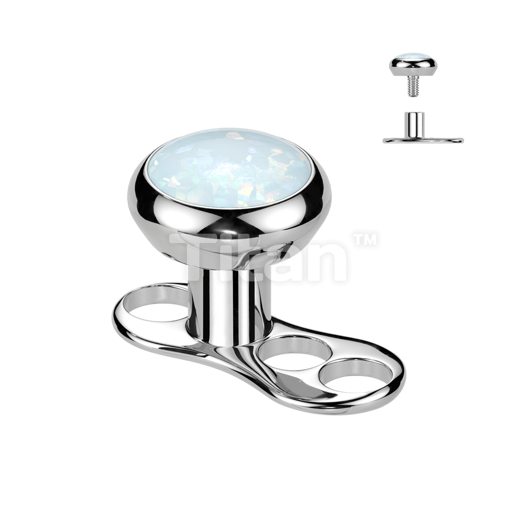 Implant Grade Titanium Internally Threaded 3 Hole Dermal Anchor With 2mm Rise and Titanium Flat Round Bezel Set Opal Top - Image 3