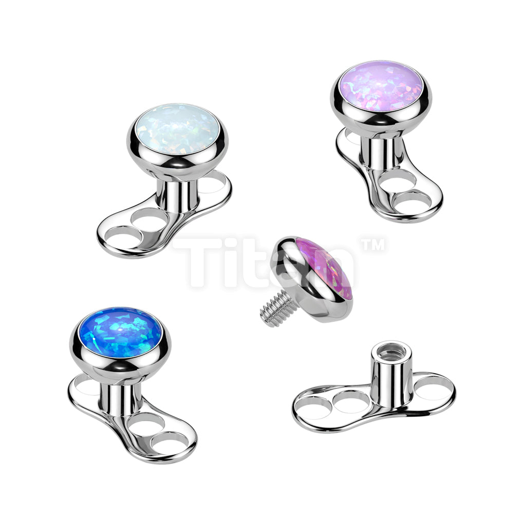 Implant Grade Titanium Internally Threaded 3 Hole Dermal Anchor With 2mm Rise and Titanium Flat Round Bezel Set Opal Top