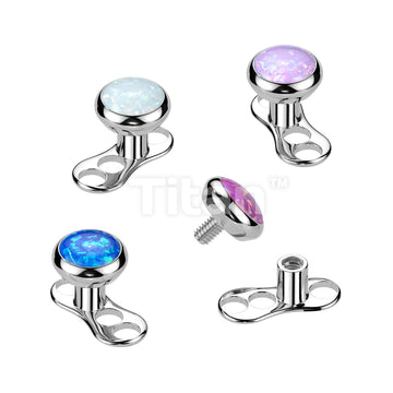 Implant Grade Titanium Internally Threaded 3 Hole Dermal Anchor With 2mm Rise and Titanium Flat Round Bezel Set Opal Top