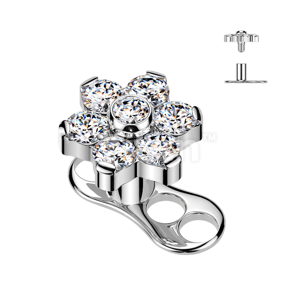 Titanium Internally Threaded 3 Hole Dermal Anchor With CZ Flower Top - Image 2