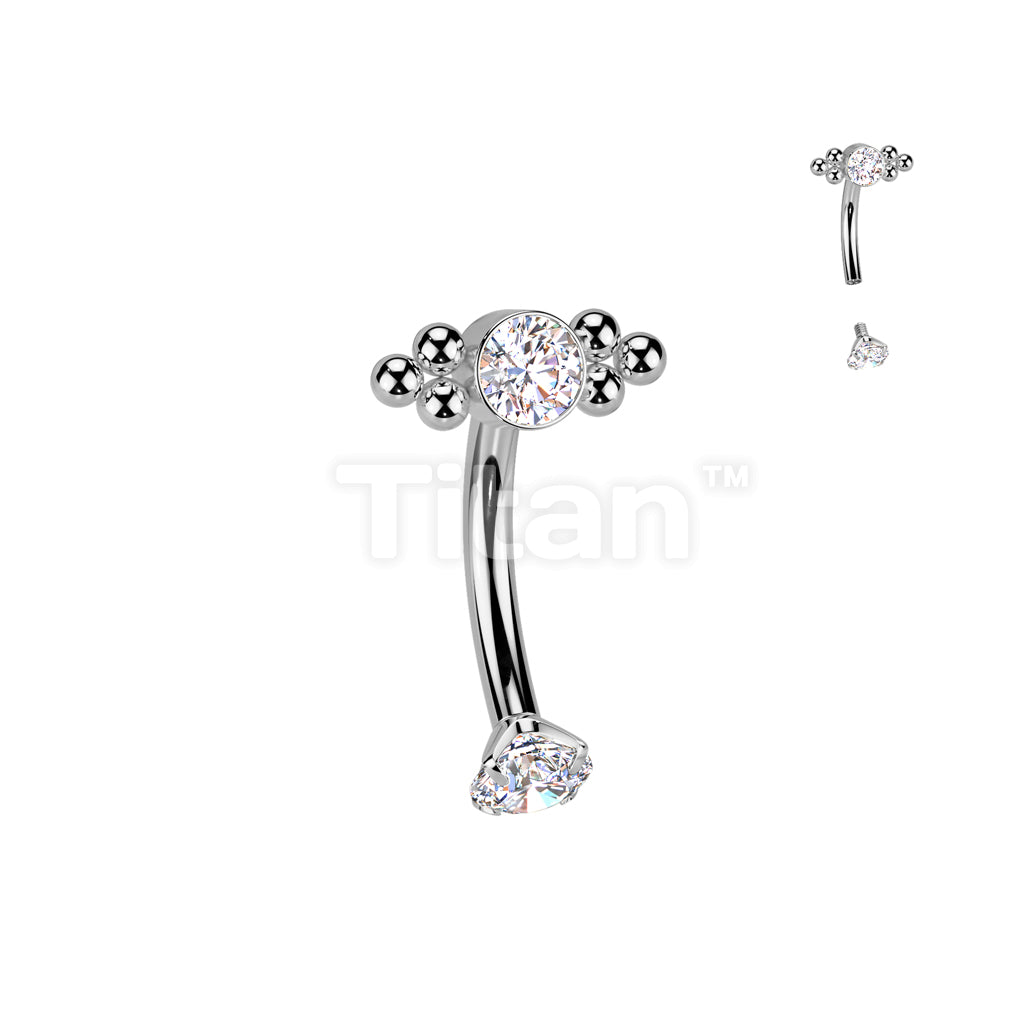Implant Grade Titanium Internally Threaded Curved Eyebrow Barbell With Prong Set CZ and CZ&Ball Cluster Top - Image 2