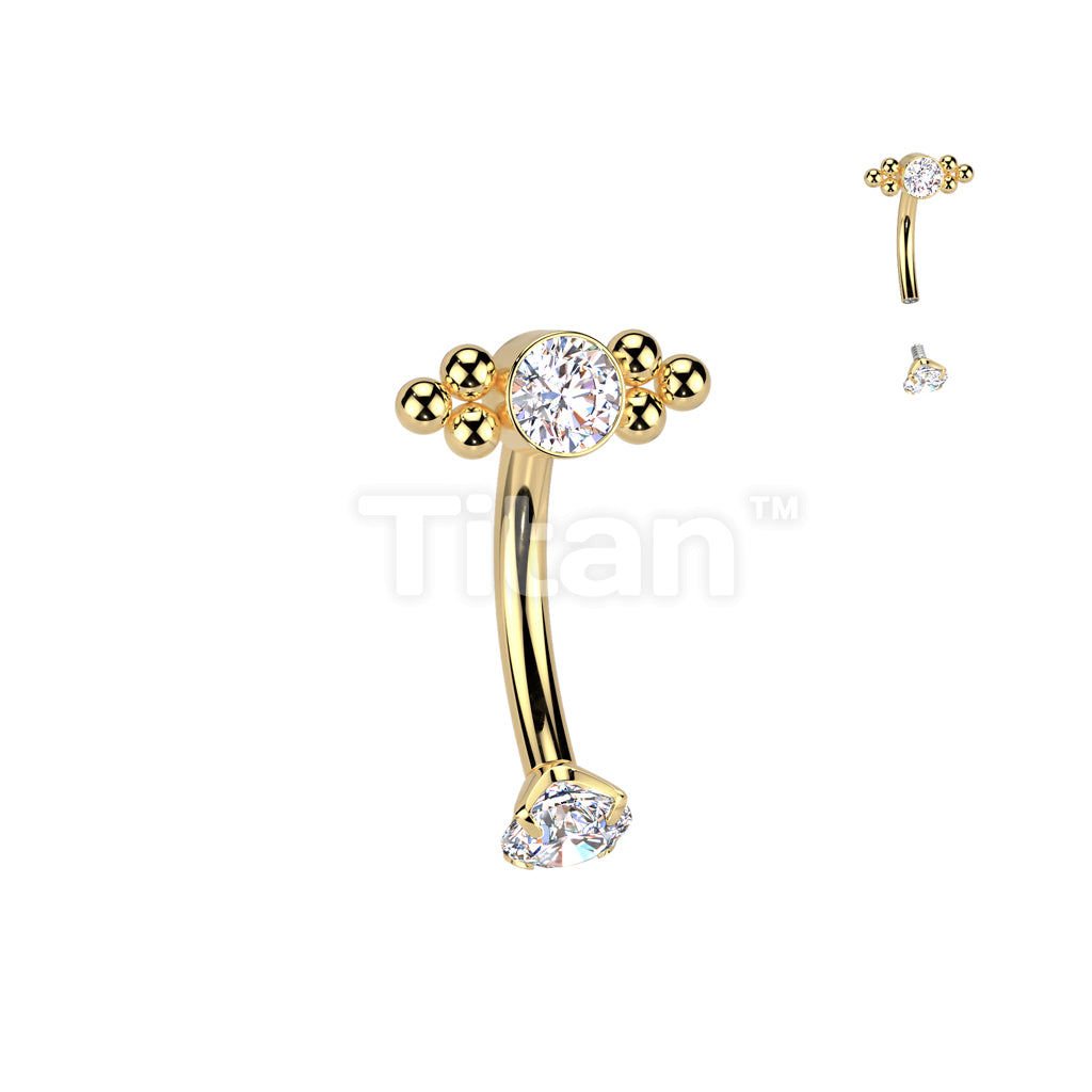 Implant Grade Titanium Internally Threaded Curved Eyebrow Barbell With Prong Set CZ and CZ&Ball Cluster Top - Image 3