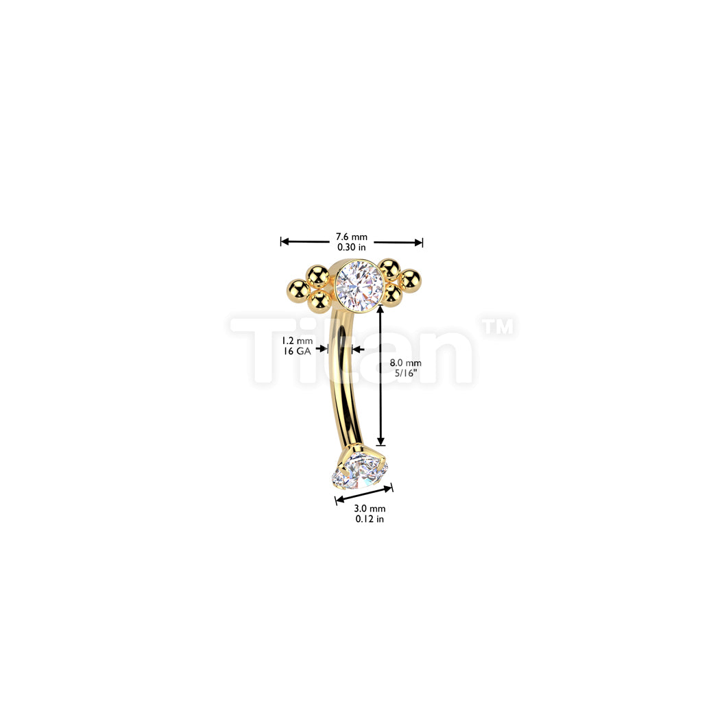 Implant Grade Titanium Internally Threaded Curved Eyebrow Barbell With Prong Set CZ and CZ&Ball Cluster Top - Image 4