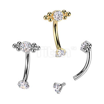 Implant Grade Titanium Internally Threaded Curved Eyebrow Barbell With Prong Set CZ and CZ&Ball Cluster Top