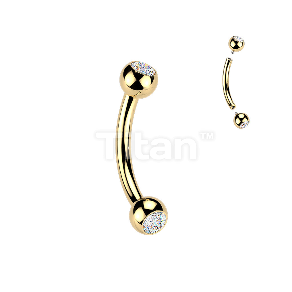 24K Gold PVD Titanium Internally Threaded Pressed Fit Gem Curved Barbell - Image 2