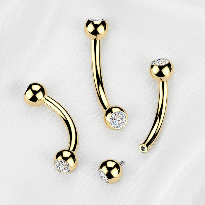 24K Gold PVD Titanium Internally Threaded Pressed Fit Gem Curved Barbell
