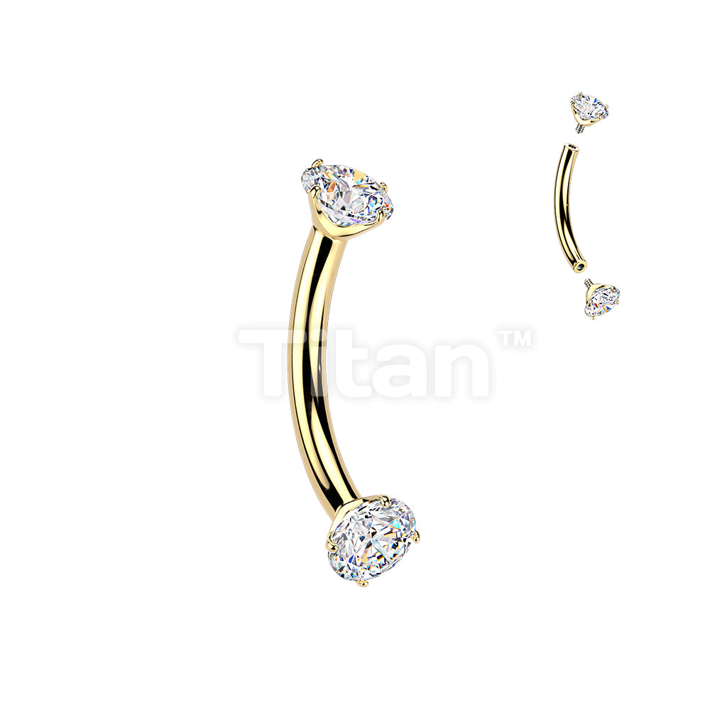 24K Gold PVD Titanium Internally Threaded Prong Set CZ Curved Barbell - Image 2