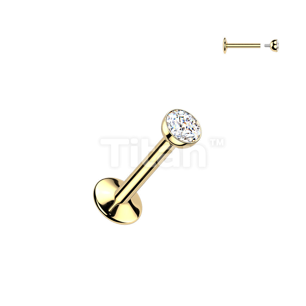 24K Gold PVD Titanium Internally Threaded Convex Back Labret With Bezel Set CZ Top - Image 2