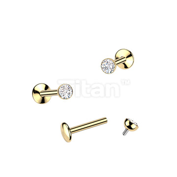 24K Gold PVD Titanium Internally Threaded Convex Back Labret With Bezel Set CZ Top