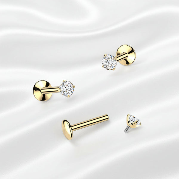 24K Gold PVD Titanium Internally Threaded Convex Back Labret With Prong Set CZ Top