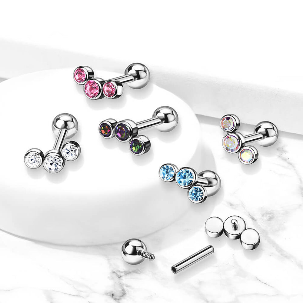 Implant Grade Titanium Internally Threaded 3-Bezel Set Round Austrian Crystal Top Cartilage Barbell