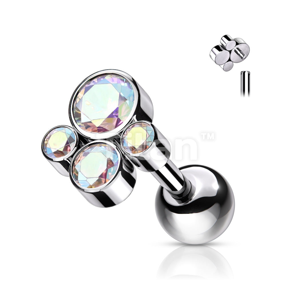 Implant Grade Titanium Internally Threaded Cartilage Barbells With Bezel Set CZ Cluster Top - Image 3