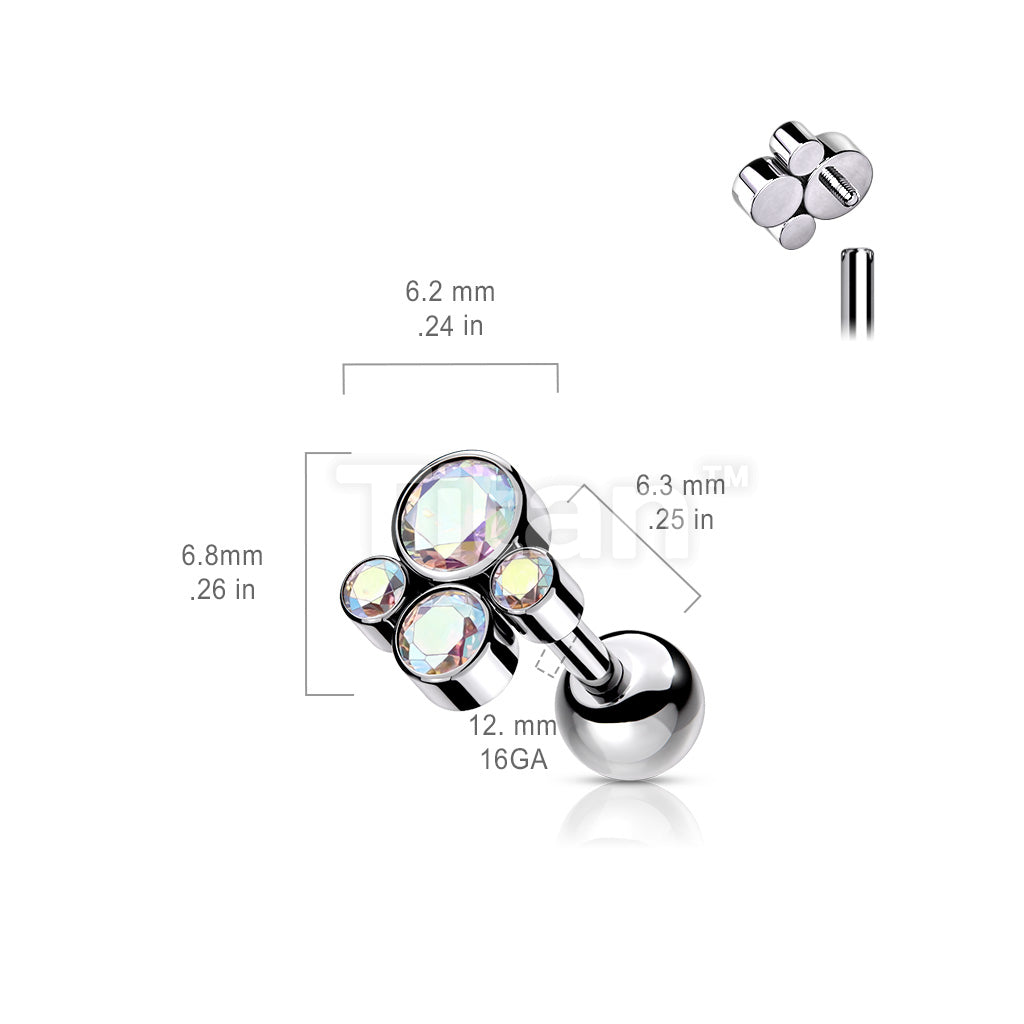Implant Grade Titanium Internally Threaded Cartilage Barbells With Bezel Set CZ Cluster Top - Image 8