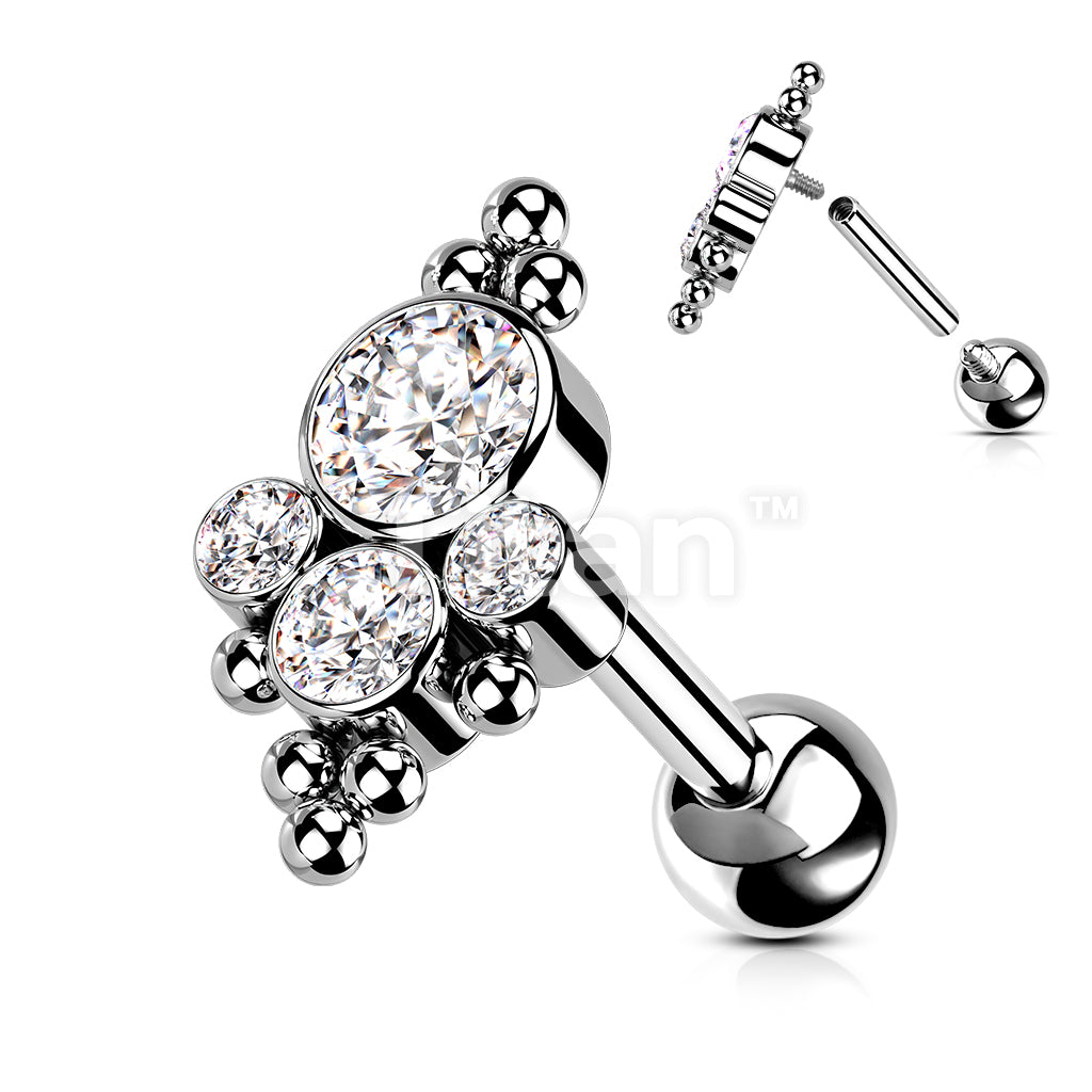 Implant Grade Titanium Internally Threaded Cartilage Barbell With Bezel Set CZ Cluster Center and Beaded Ball Edge Top - Image 4