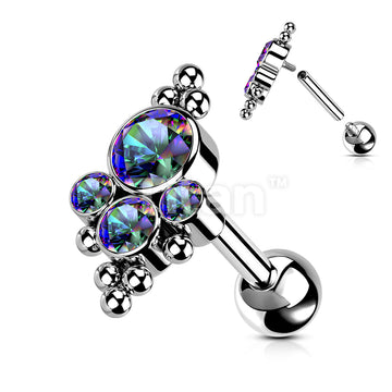 Implant Grade Titanium Internally Threaded Cartilage Barbell With Bezel Set CZ Cluster Center and Beaded Ball Edge Top - Image 5