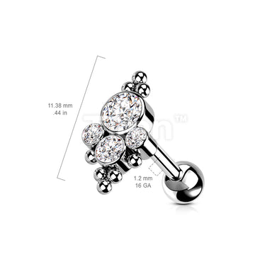 Implant Grade Titanium Internally Threaded Cartilage Barbell With Bezel Set CZ Cluster Center and Beaded Ball Edge Top - Image 6