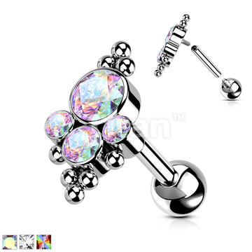 Implant Grade Titanium Internally Threaded Cartilage Barbell With Bezel Set CZ Cluster Center and Beaded Ball Edge Top - Image 2