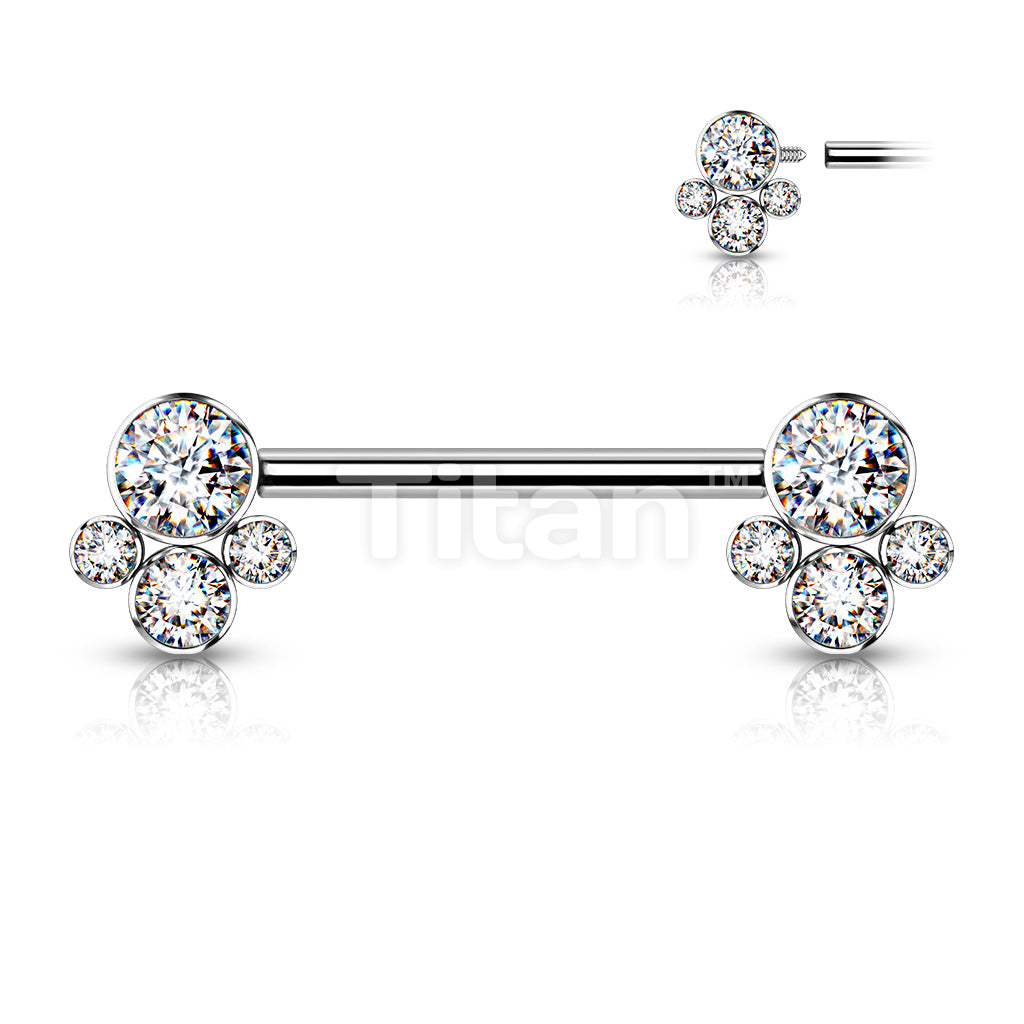 Implant Grade Titanium Internally Threaded Nipple Barbell With 4 Bezel Set Cluster CZ Ends - Image 4
