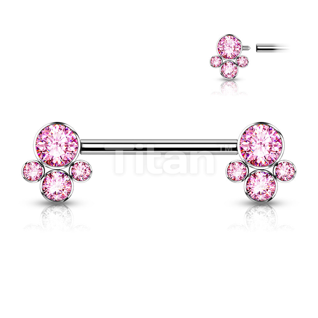 Implant Grade Titanium Internally Threaded Nipple Barbell With 4 Bezel Set Cluster CZ Ends - Image 5