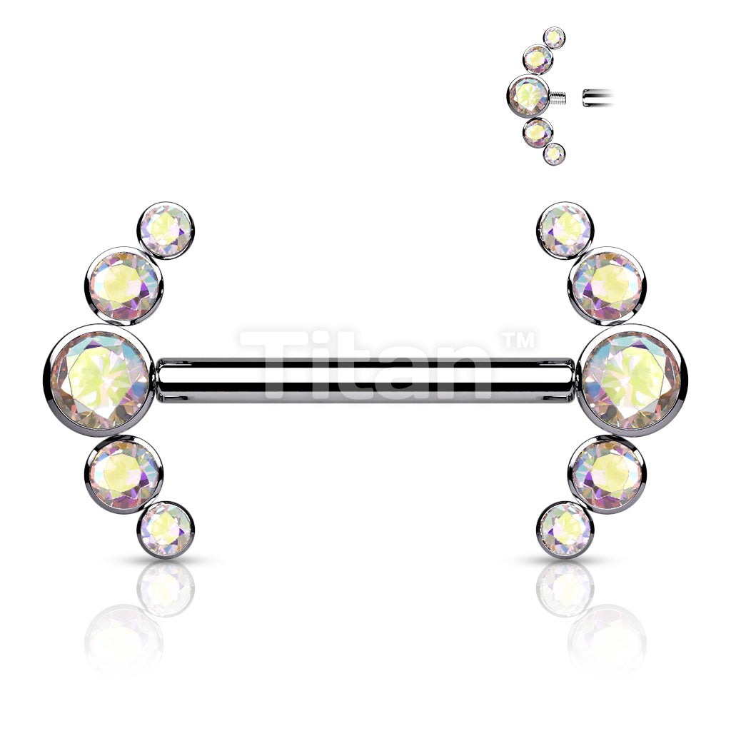 Implant Grade Titanium Internally Threaded Nipple Barbell With 5 Bezel Set CZ Curved Line Ends - Image 3