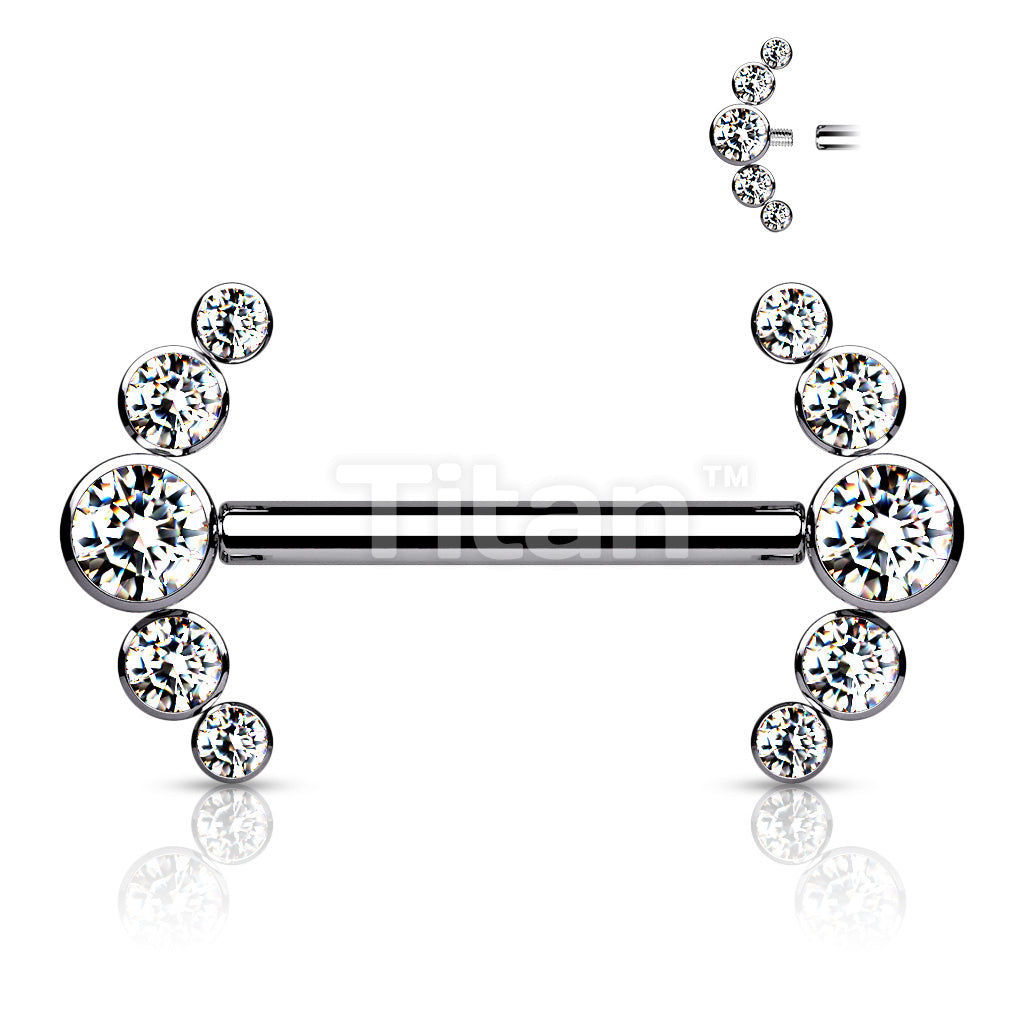 Implant Grade Titanium Internally Threaded Nipple Barbell With 5 Bezel Set CZ Curved Line Ends - Image 4