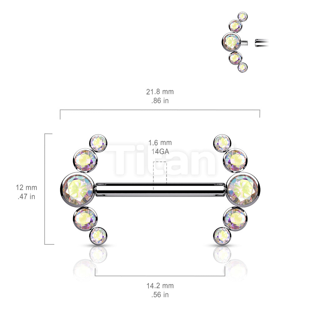 Implant Grade Titanium Internally Threaded Nipple Barbell With 5 Bezel Set CZ Curved Line Ends - Image 7